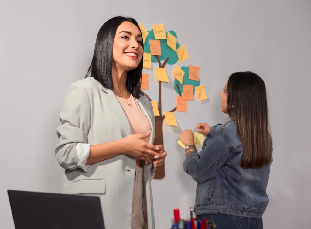 Groupe de travail réuni autour de notes affichées au mur